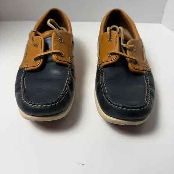 Sebago Dockside Boat Shoes Womens 10 Navy Tan Leather Preppy Nautical Old Money - Picture 5 of 9